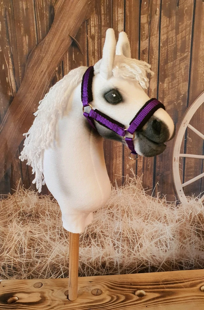 Stájová ohlávka pro Hobby Horse – fialová z popruhu podšitá černým fleecem, velikost PONY