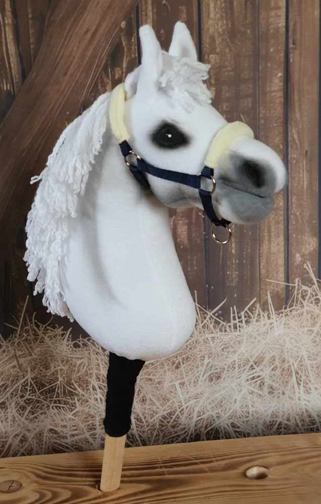 Stájová ohlávka pro Hobby Horse – tmavě modrá z popruhu s béžovým fleecem na nánosníku a nátylníku, velikost PONY