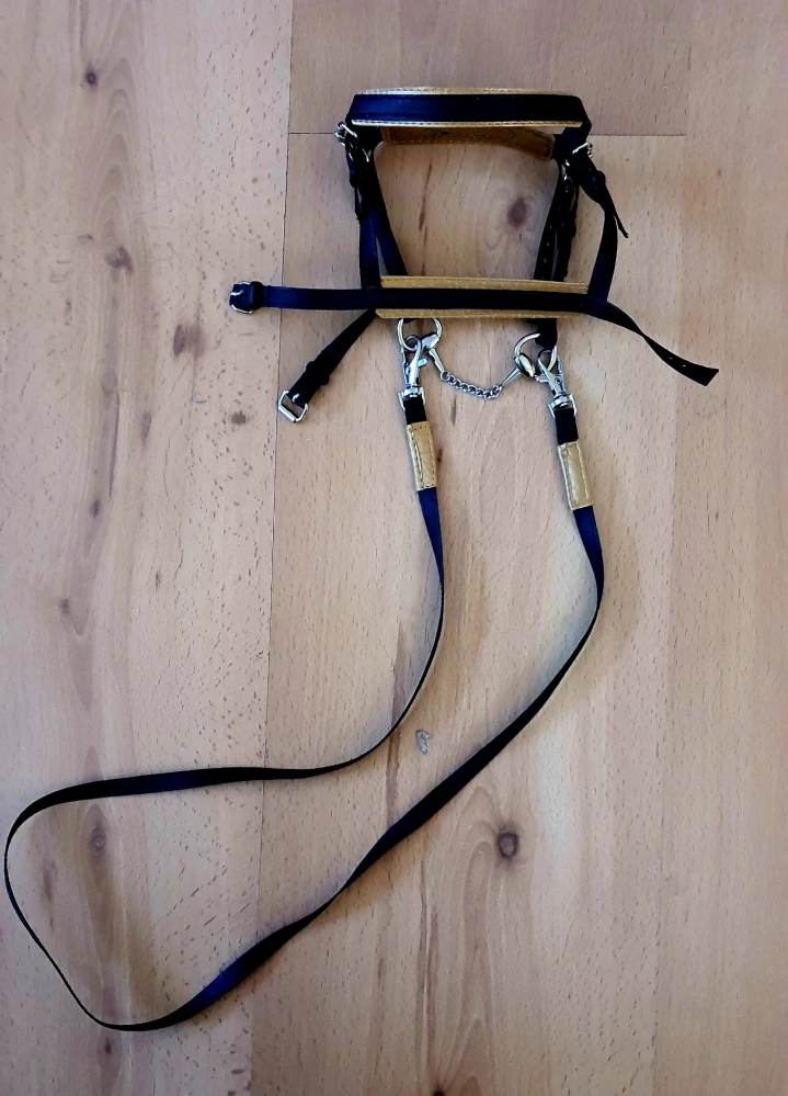 Uzdečka s anglickým nánosníkem bez podpínky pro Hobby Horse – černozlatá z koženky, velikost PONY