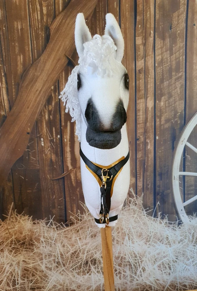 Poprsák s martingalem pro Hobby Horse – černý z koženky s podšitím zlatou koženkou, velikost PONY