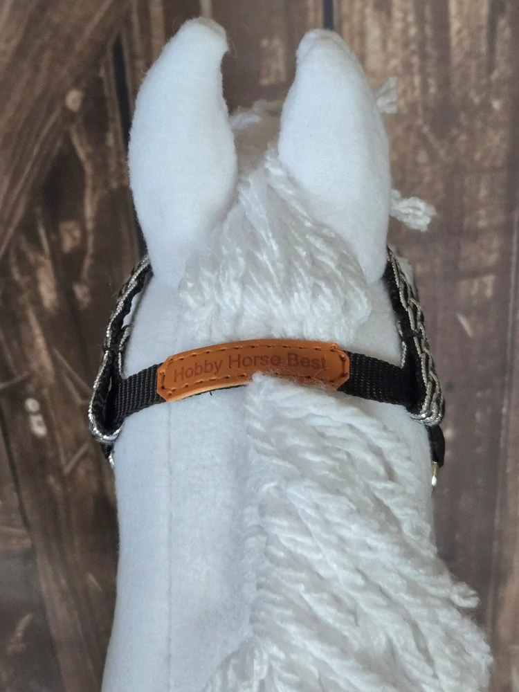 Bezudidlová uzdečka pro Hobby Horse – černostříbrná z popruhu a koženky, velikost PONY