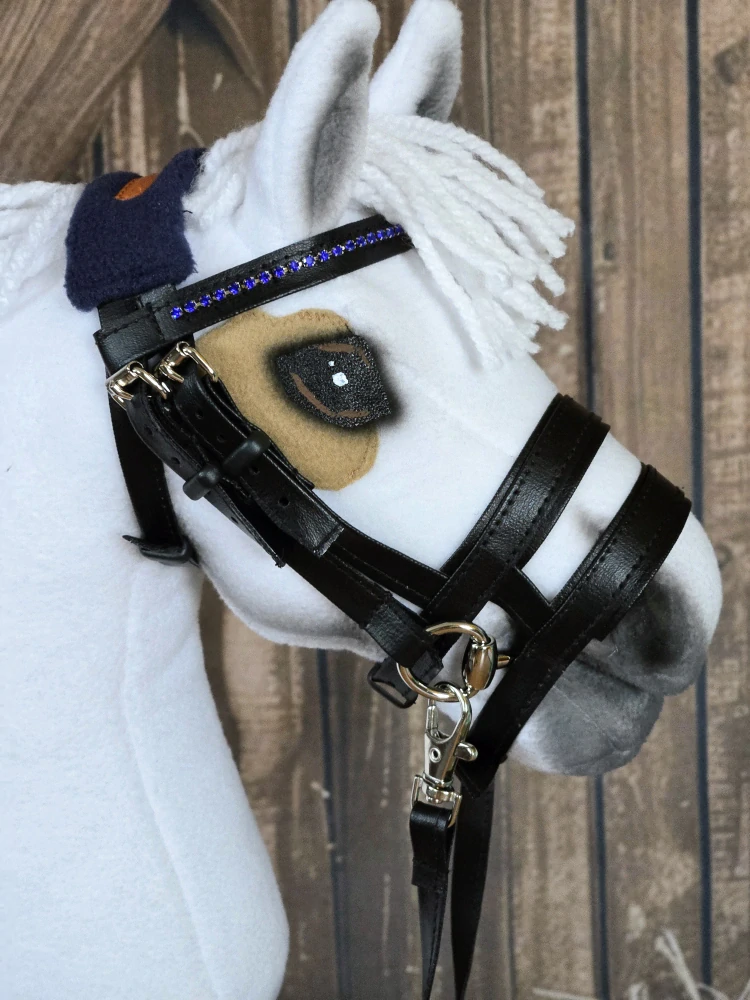 Uzdečka s dvojitým nánosníkem pro Hobby Horse – černá z koženky s tmavě modrým fleecem, velikost PONY