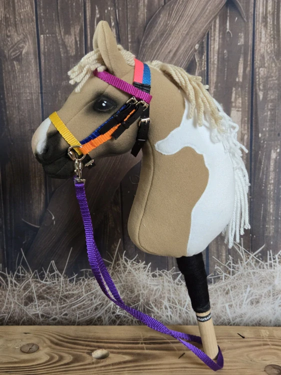 Uzdečka s anglickým nánosníkem bez podpínky pro Hobby Horse – kombinace barevných popruhů a černé koženky, velikost PONY