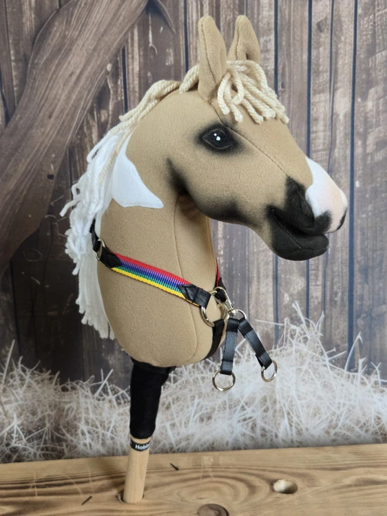 Poprsák s martingalem pro Hobby Horse – kombinace barevných popruhů a černé koženky, velikost PONY