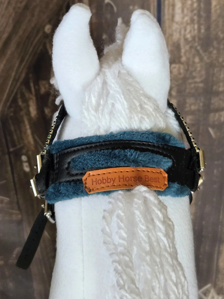 Uzdečka s mexickým nánosníkem pro Hobby Horse – černá z koženky, podšitá tyrkysovým beránkem, odnímatelný beránek na otěžích, velikost PONY