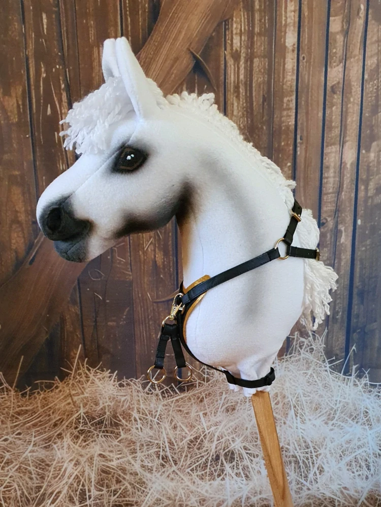 Poprsák s martingalem pro Hobby Horse – černý z koženky s podšitím zlatou koženkou, velikost PONY