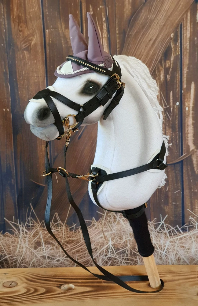 Poprsák s martingalem pro Hobby Horse – černý z koženky s podšitím bílou koženkou, velikost PONY