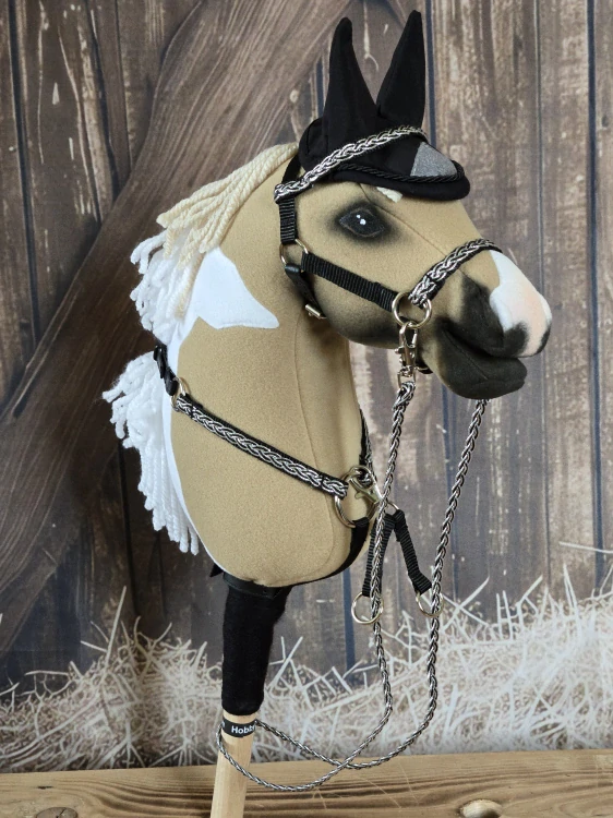 Poprsák s martingalem pro Hobby Horse – kombinace černostříbrných popruhů a černé koženky, velikost PONY