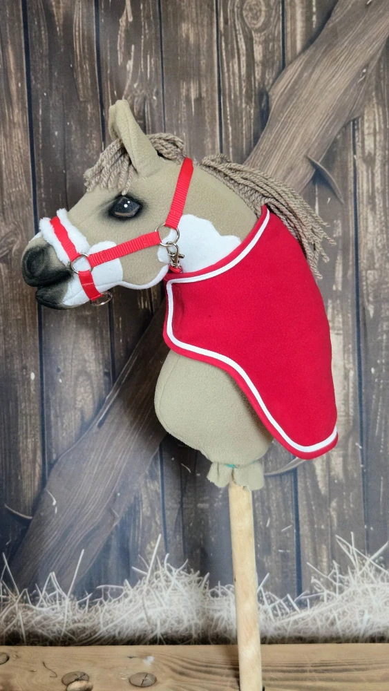 Stájová ohlávka pro Hobby Horse – červená z popruhu s bílým beránkem, velikost PONY
