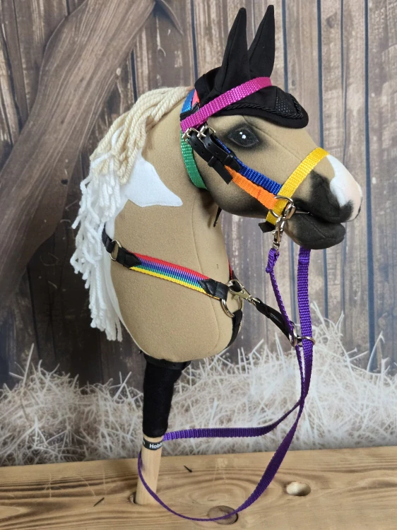 Uzdečka s anglickým nánosníkem bez podpínky pro Hobby Horse – kombinace barevných popruhů a černé koženky, velikost PONY