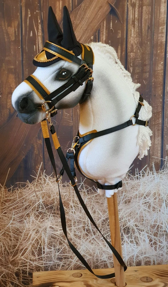 Poprsák s martingalem pro Hobby Horse – černý z koženky s podšitím zlatou koženkou, velikost PONY
