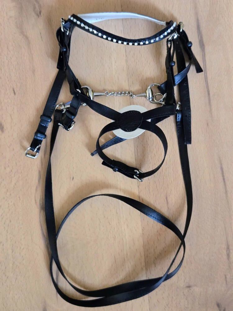 Uzdečka s mexickým nánosníkem pro Hobby Horse – černá z koženky s bílým podšitím, velikost PONY