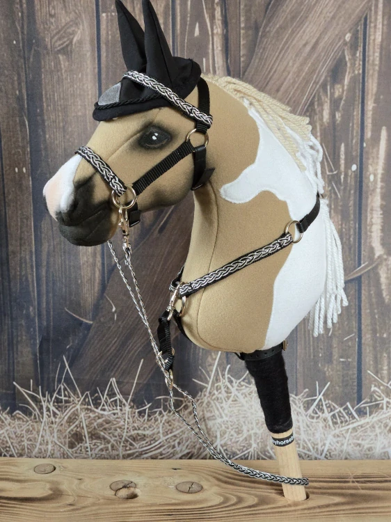 Bezudidlová uzdečka pro Hobby Horse – černostříbrná z popruhu a koženky, velikost PONY