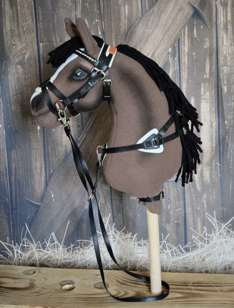 Uzdečka s mexickým nánosníkem pro Hobby Horse – černá z koženky s bílým podšitím, velikost PONY