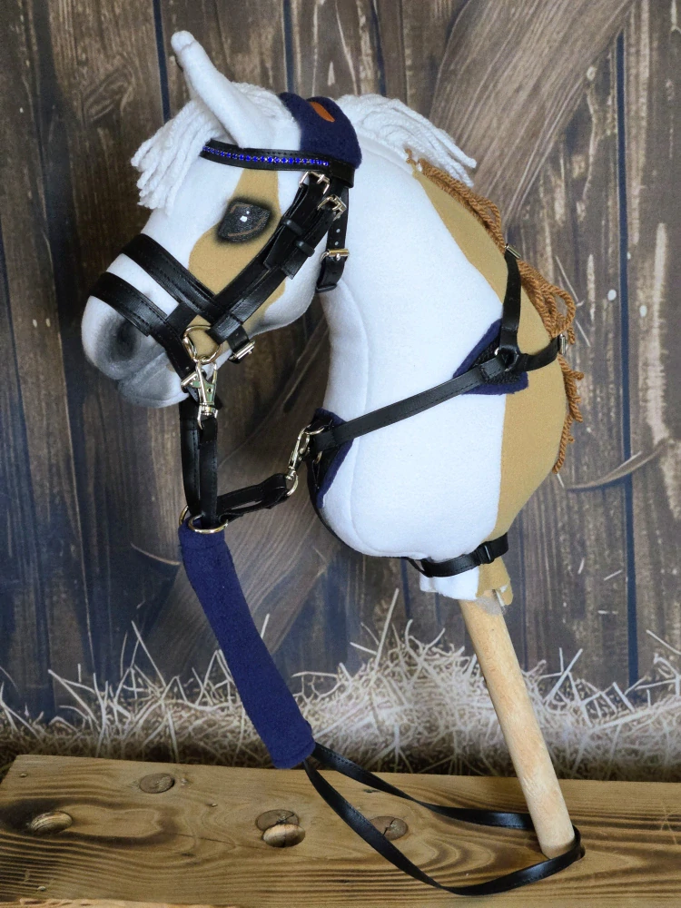 Uzdečka s dvojitým nánosníkem pro Hobby Horse – černá z koženky s tmavě modrým fleecem, velikost PONY