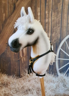 Poprsák s martingalem pro Hobby Horse – černý z koženky s podšitím zlatou koženkou, velikost PONY
