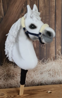 Stájová ohlávka pro Hobby Horse – tmavě modrá z popruhu s béžovým fleecem na nánosníku a nátylníku, velikost PONY