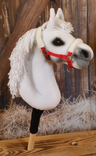 Stájová ohlávka pro Hobby Horse – červená z popruhu s bílým fleecem na nánosníku a nátylníku, velikost PONY
