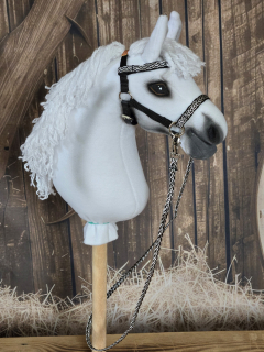 Bezudidlová uzdečka pro Hobby Horse – černostříbrná z popruhu a koženky, velikost PONY