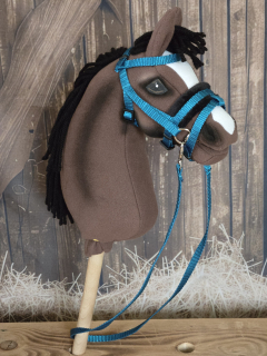 Uzdečka s anglickým nánosníkem a podpínkou pro Hobby Horse – tyrkysová z popruhu s černým beránkem, velikost PONY