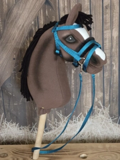 Uzdečka s anglickým nánosníkem a podpínkou pro Hobby Horse – tyrkysová z popruhu s černým beránkem, velikost PONY