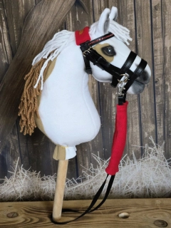Uzdečka s dvojitým nánosníkem pro Hobby Horse – černá z koženky s červeným fleecem, velikost PONY