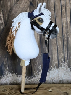 Uzdečka s dvojitým nánosníkem pro Hobby Horse – černá z koženky s tmavě modrým fleecem, velikost PONY