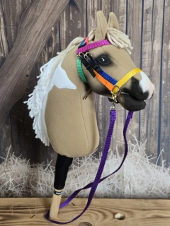 Uzdečka s anglickým nánosníkem bez podpínky pro Hobby Horse – kombinace barevných popruhů a černé koženky, velikost PONY