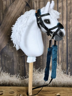 Uzdečka s mexickým nánosníkem pro Hobby Horse – černá z koženky, podšitá tyrkysovým beránkem, odnímatelný beránek na otěžích, velikost PONY
