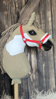 Stájová ohlávka pro Hobby Horse – červená z popruhu s bílým beránkem, velikost PONY