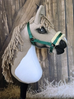 Stájová ohlávka pro Hobby Horse – zelená z popruhu s béžovým beránkem, velikost PONY