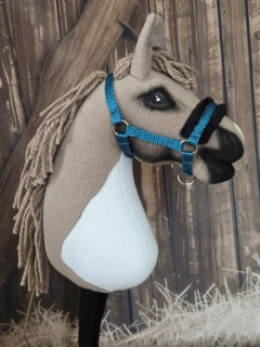 Stájová ohlávka pro Hobby Horse – tyrkysová z popruhu s černým beránkem, velikost PONY